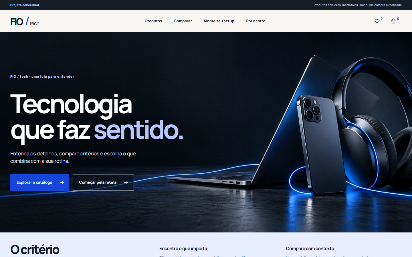 Interface real da home FIO / tech com produtos de informática, chamada principal e acesso ao catálogo