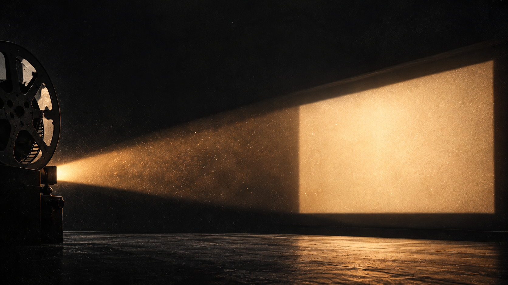 Projetor de cinema iluminando uma tela âmbar em uma sala escura